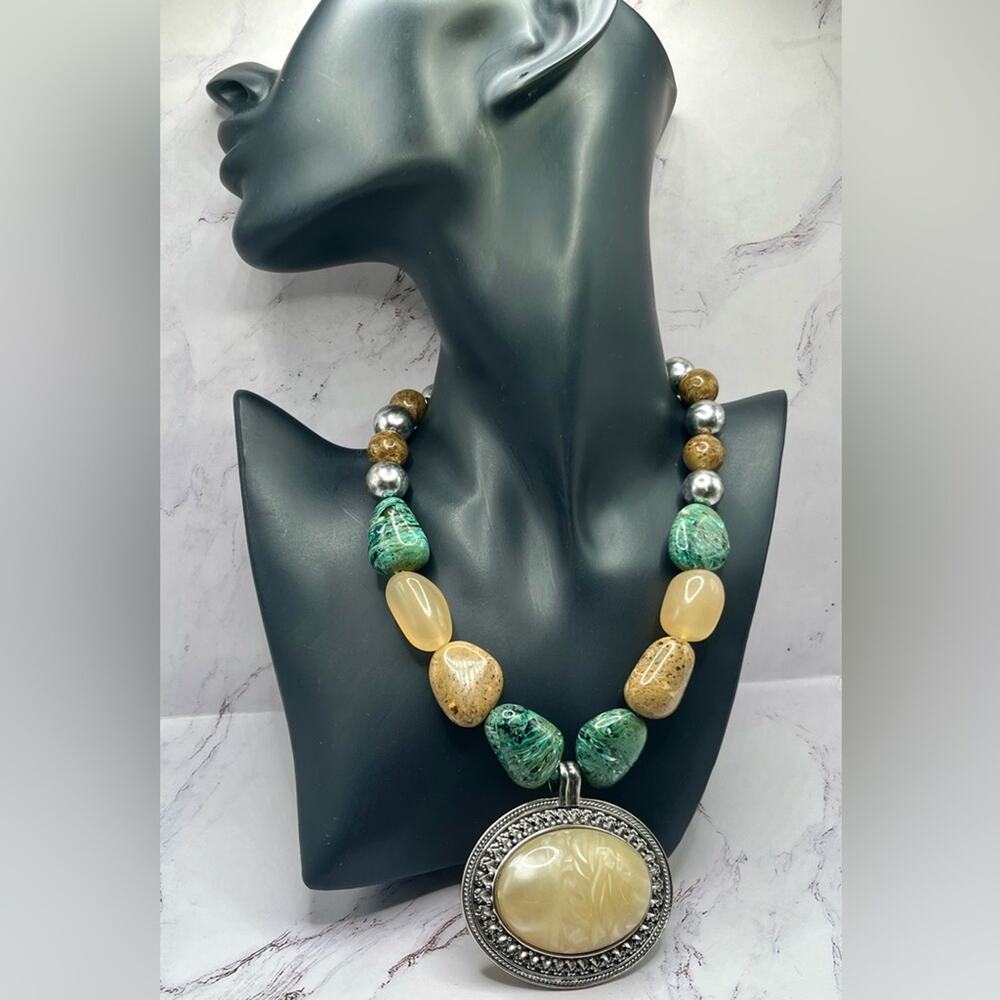 Large stone boho style artisan necklace with oval pendant